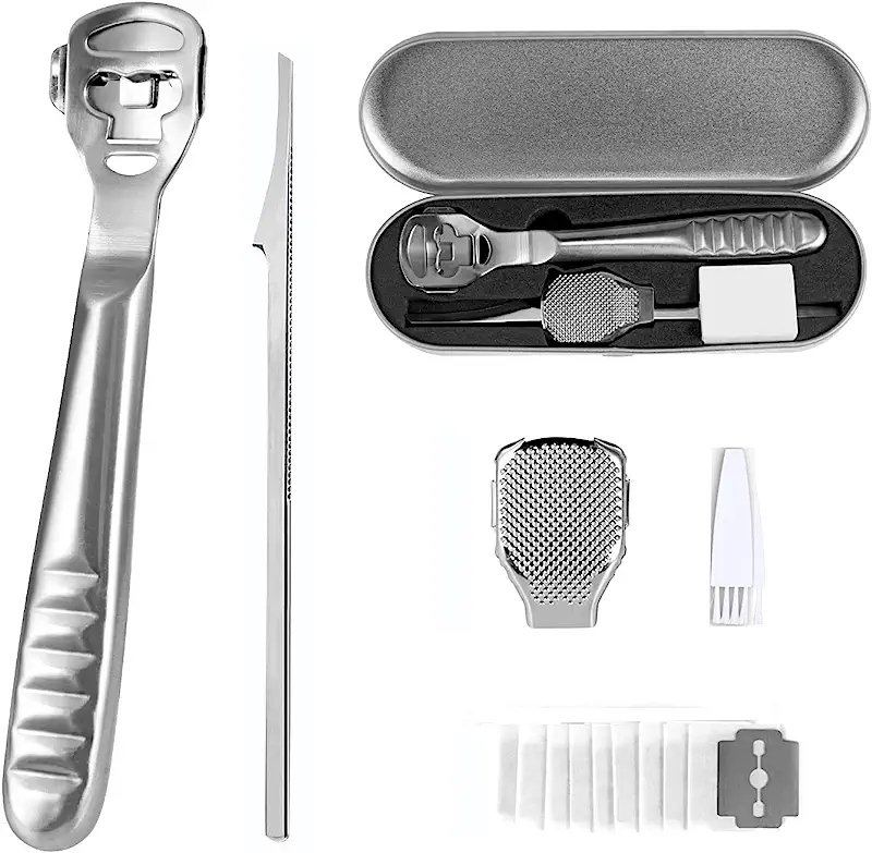 Râpe à pied Pédicure - Lime pour pieds outil de soin en Acier Inoxydable Rasoir Râpe Pied pour Callosités dur Coupe cors Peaux dures et Mortes - Professionnel Pédicure kit Outils avec 10 Lames Argent Râpe à pied Pédicure - Lime pour pieds outil de soin en Acier Inoxydable Rasoir Râpe Pied pour Callosités dur Coupe cors Peaux dures et Mortes - Professionnel Pédicure kit Outils avec 10 Lames Argent
