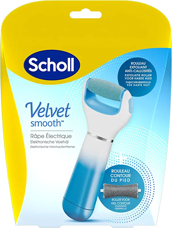 Scholl Râpe Pieds Electrique Velvet Smooth Rouleau Exfoliant et Anti-Callosités avec Recharge Contour du Pied et Piles Incluses