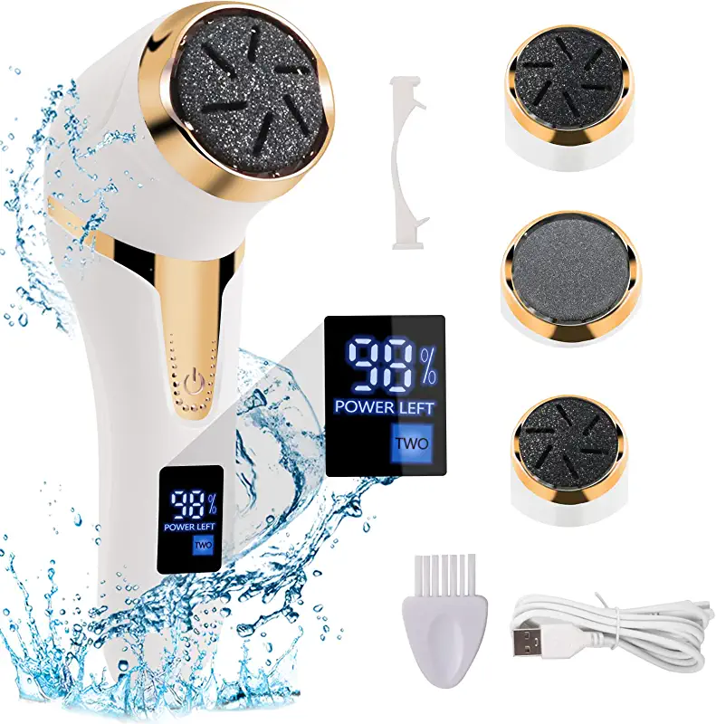 Râpe à Pieds CIBITA IPX7 Etanche Pédicure Electrique, Rechargeable Anti-Callosités pour Enlever les Peaux Mortes Craquelées ou Dures des Pieds, Réglable à 2 Vitesses, avec 3 Tête Givrée, Blanc