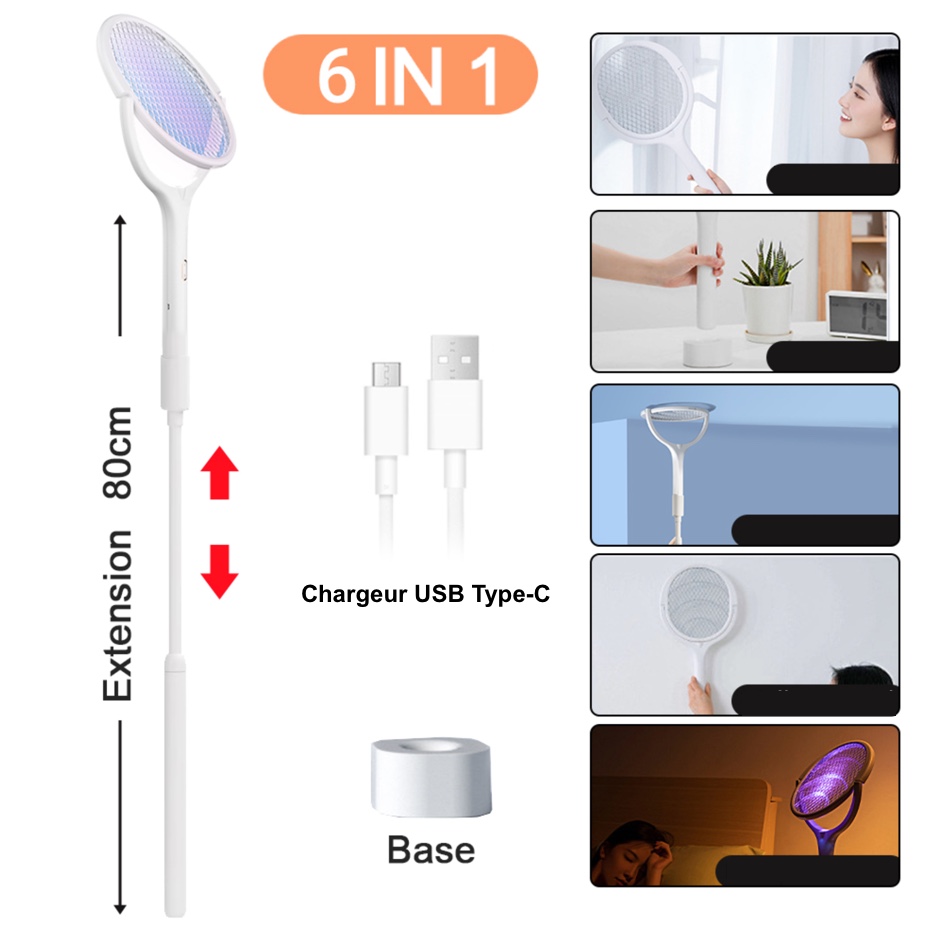 Lampe raquette anti-moustique extensible Rotative à 90° rechargeable