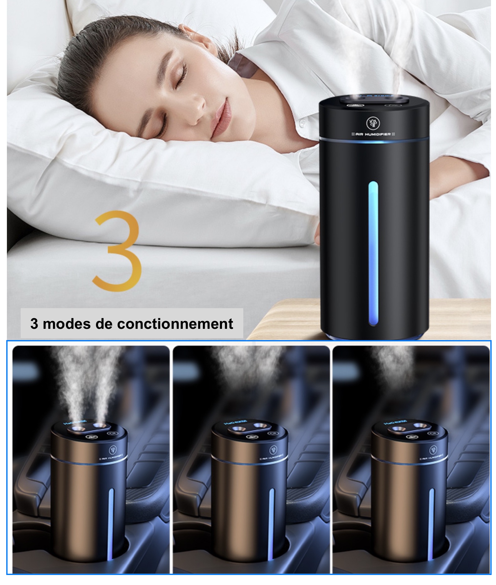 Humidificateur d’air et diffuseur d’huile essentielle USB double sortie Humidificateur d’air et diffuseur d’huile essentielle USB double sortie