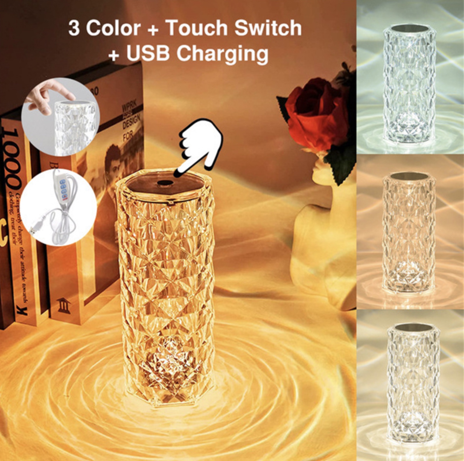 Lampe de table cristal LED 16 couleurs tactile rechargeable avec télécommande